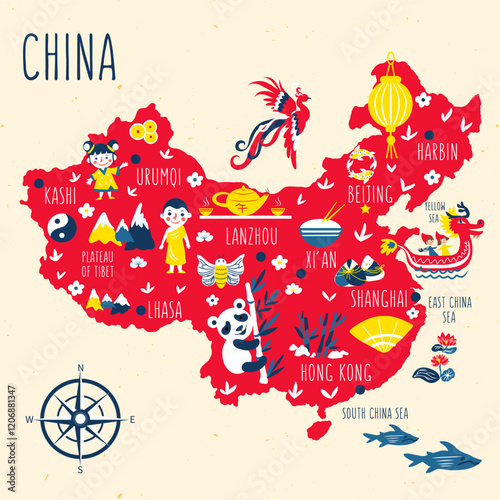 Chine map cartoon vector, Chinese country geographic banner template, colorful illustration, Asian adventure, decorative travel card, sign attraction for design touristic poster, animal background