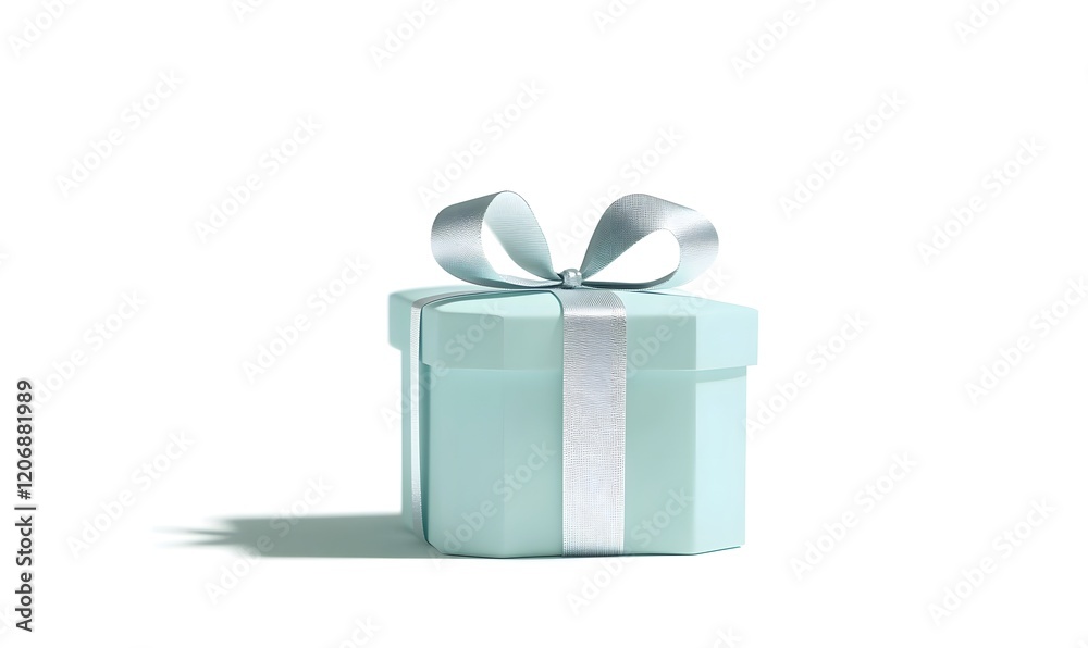 Obraz premium Light blue gift box, silver ribbon, white background, studio shot, e-commerce