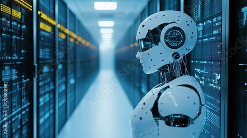 A futuristic, humanoid robot with glowing blue eyes and a sleek,