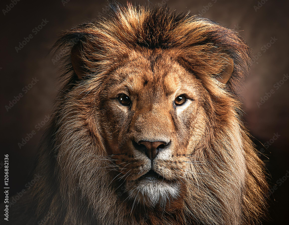 Obraz premium A majestic close-up portrait of a lion with a detailed mane and intense gaze, set against a dark, blurred background, highlighting the lion's regal and powerful presence