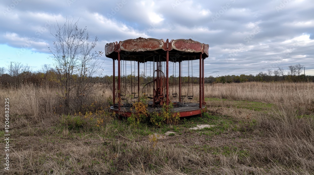 An abandoned carousel stands alone in a grassy field, surrounded by sparse vegetation and under a cloudy sky, evoking a sense of nostalgia and decay. An abandoned carousel stands alone in a grassy field, surrounded by sparse vegetation and under a cloudy sky, evoking a sense of nostalgia and decay.