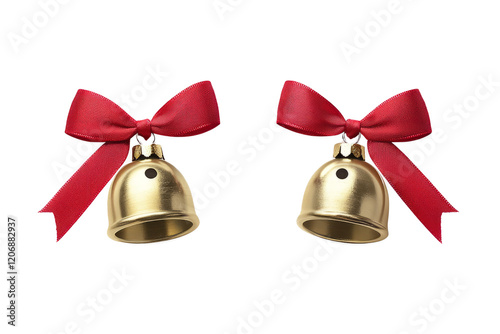 A pair of golden jingle bells tied with a simple red ribbon, isolated on the white background. photo