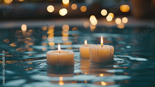 A serene night scene featuring floating candles illuminated on calm, reflective water.