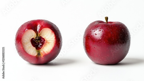A sliced red apple reveals its creamy white interior, showcasing a star-shaped core containing five brown seeds.