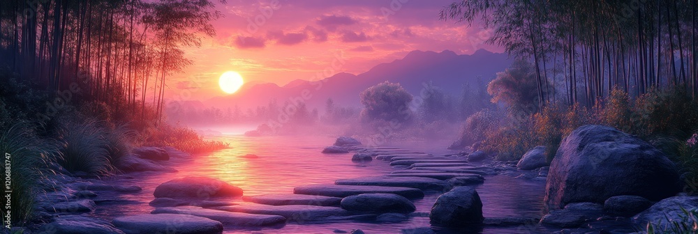 Fototapeta premium Serene Sunset River Landscape: A Magical Misty Evening by the Water