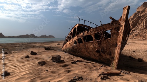 Wallpaper Mural A rusted shipwreck lies on a sandy beach, surrounded by rocks and distant cliffs under a cloudy sky. Torontodigital.ca
