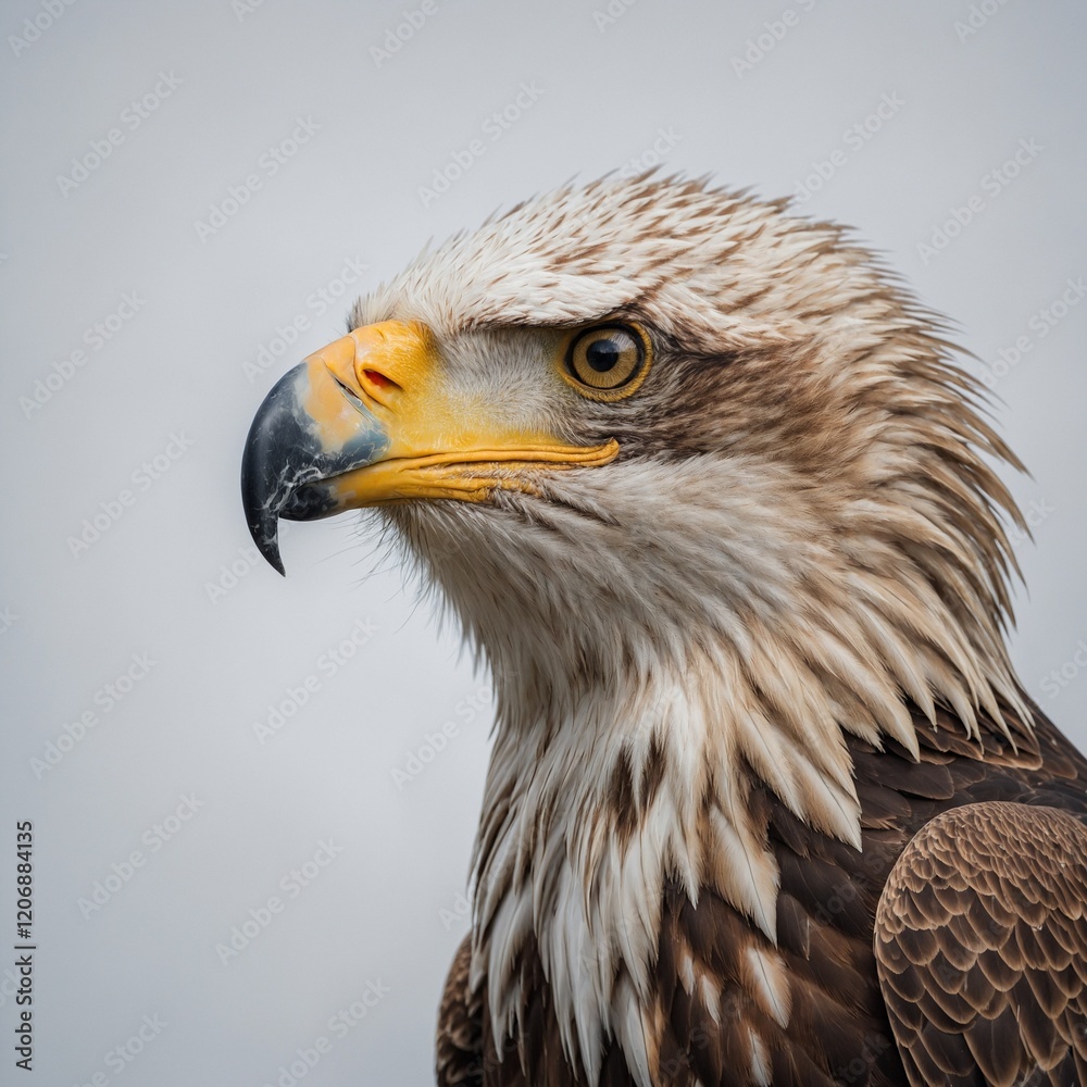 Obraz premium A majestic eagle perched, its head turned to the side in regal poise, on a clean white background.