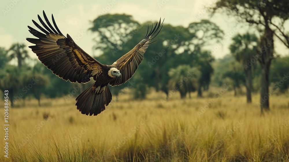 A bateleur eagle in flight over savanna. A bateleur eagle in flight over savanna.