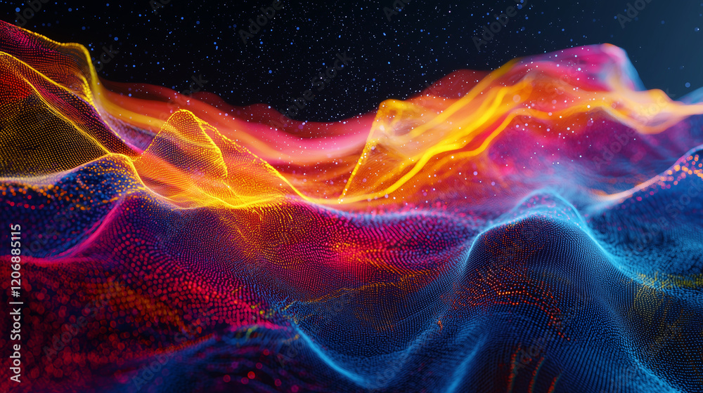 Obraz premium A visualization of quantum field theory in curved spacetime, with colorful energy grids bending around a massive celestial body, illustrating the effects of gravity on quantum fields.