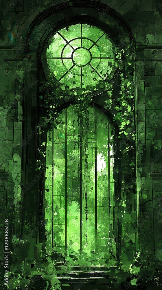 Fototapeta premium A celestial canyon carved by glowing rivers of molten crystal. Radiant vines drape down from towering cliffs, and ancient glyphs pulse softly on the canyon walls, reflecting the light of a swirling 