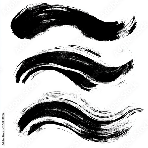 Three black ink brush strokes on white background, wavy design elements.