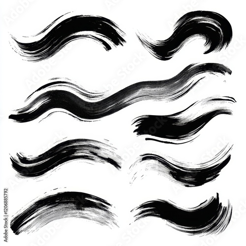 Eight black wavy brush strokes isolated on white background.