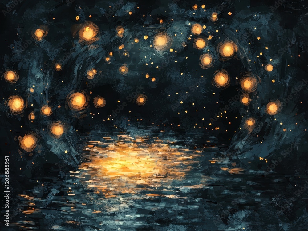 Naklejka premium A celestial river winding through a glowing valley filled with radiant cliffs. Ethereal creatures with luminous fur roam along the riverbanks, and floating orbs of light illuminate the shimmering