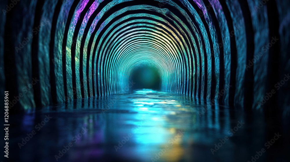 Endless Highway Running Through Floating Crystal Tunnel with Surreal Reflections and Colors Endless Highway Running Through Floating Crystal Tunnel with Surreal Reflections and Colors