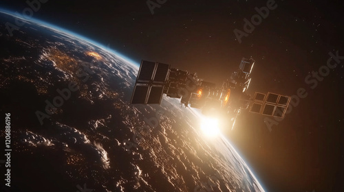An advanced quantum communication satellite orbits Earth, transmitting secure data through quantum entangled photons. A leap in futuristic communication technology.