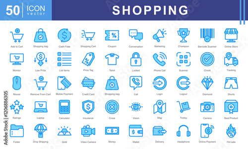 Shopping icon collection set. Containing add to cart, remove, basket, bag, shopping bag, discounts, credit cards, and storefronts. Perfect for e-commerce, retail stores, or product marketing.