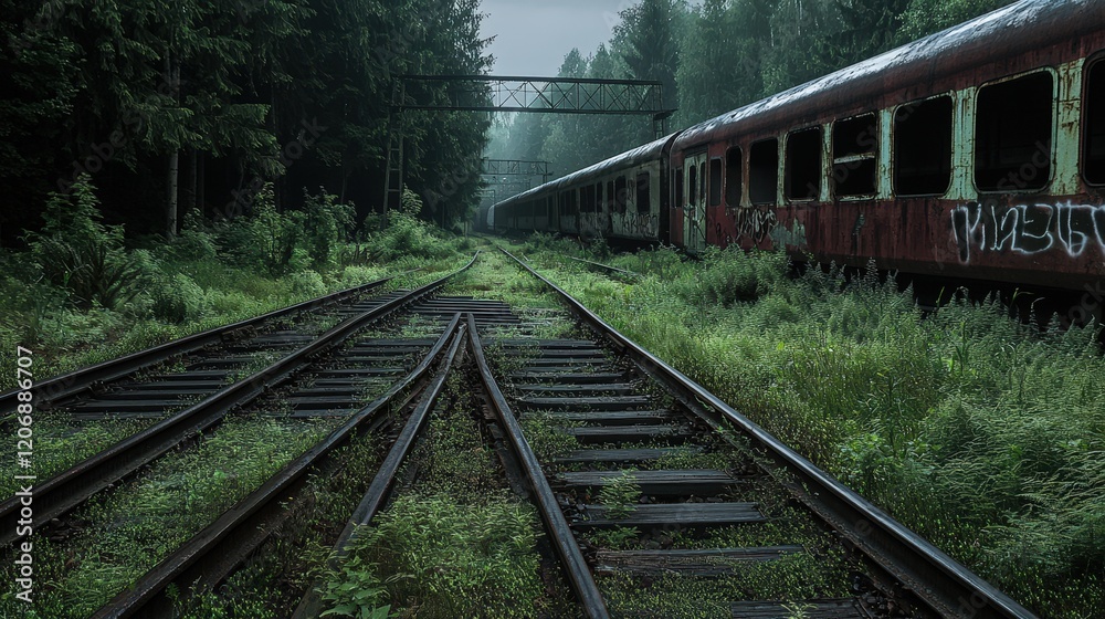Obraz premium A quiet, overgrown train track leads to abandoned carriages, surrounded by dense trees and mist, evoking a sense of nostalgia and decay.