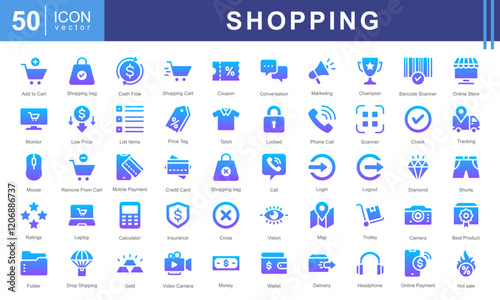 Shopping icon collection set. Containing add to cart, remove, basket, bag, shopping bag, discounts, credit cards, and storefronts. Perfect for e-commerce, retail stores, or product marketing.