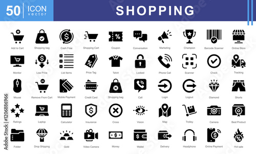 Shopping icon collection set. Containing add to cart, remove, basket, bag, shopping bag, discounts, credit cards, and storefronts. Perfect for e-commerce, retail stores, or product marketing.