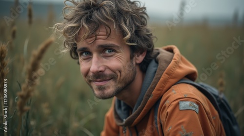 Smiling man in an orange jacket in a grassy field with a blurred background