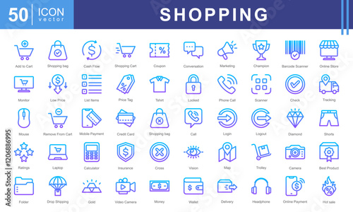 Shopping icon collection set. Containing add to cart, remove, basket, bag, shopping bag, discounts, credit cards, and storefronts. Perfect for e-commerce, retail stores, or product marketing.