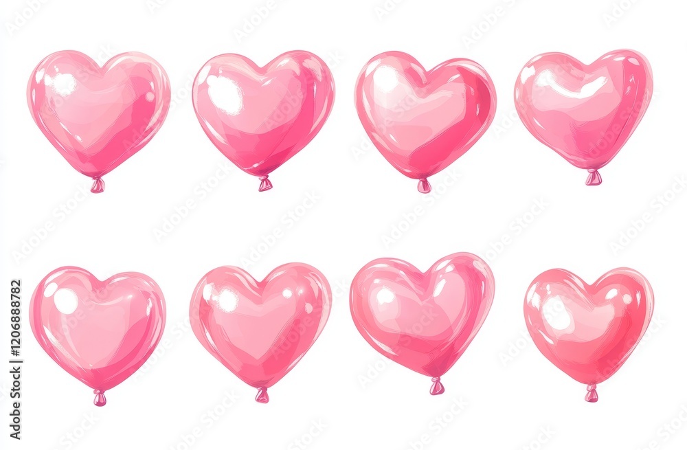 Eight pink heart-shaped balloons in various positions against a white background. Eight pink heart-shaped balloons in various positions against a white background.
