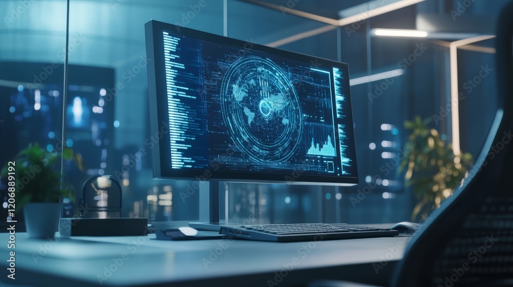 Fototapeta premium Home computer setup with a large screen showing an AI-generated image, empty chair reflecting AI's growing influence in creative fields.