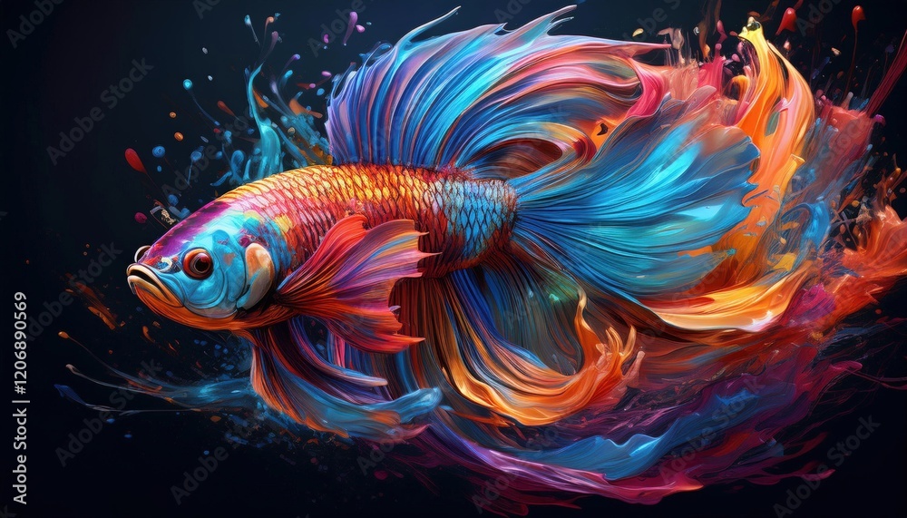 An artistic depiction of a betta fish with vivid colors and abstract splashes, set against a black background, showcasing dynamic movement and vibrant hues.
An artistic depiction of a betta fish with vivid colors and abstract splashes, set against a black background, showcasing dynamic movement and vibrant hues.