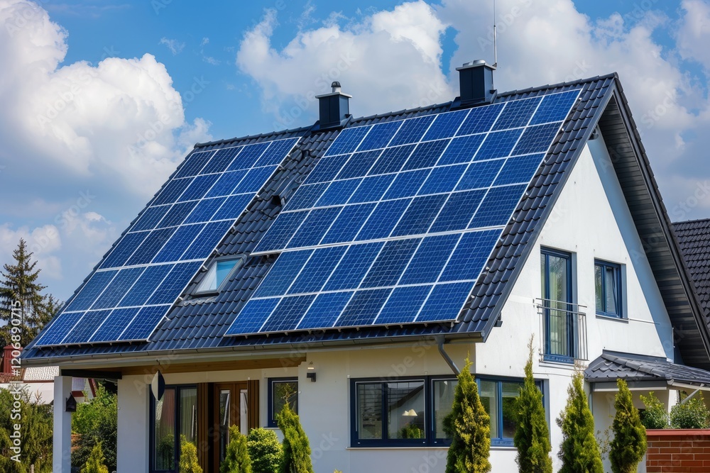 Solar panels on the gable roof of a beautiful modern home. Solar panels on the gable roof of a beautiful modern home.