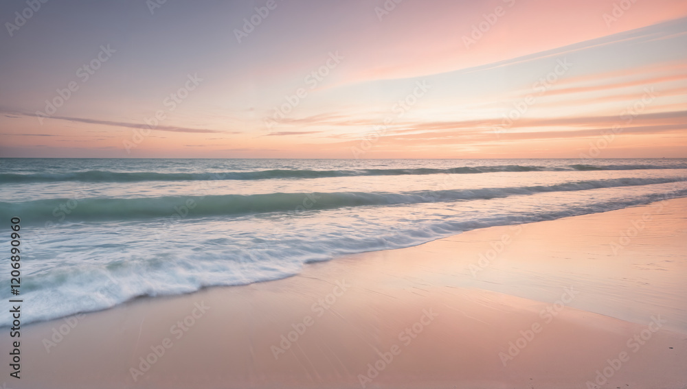 Fototapeta premium A serene sunset on a deserted beach with gentle waves