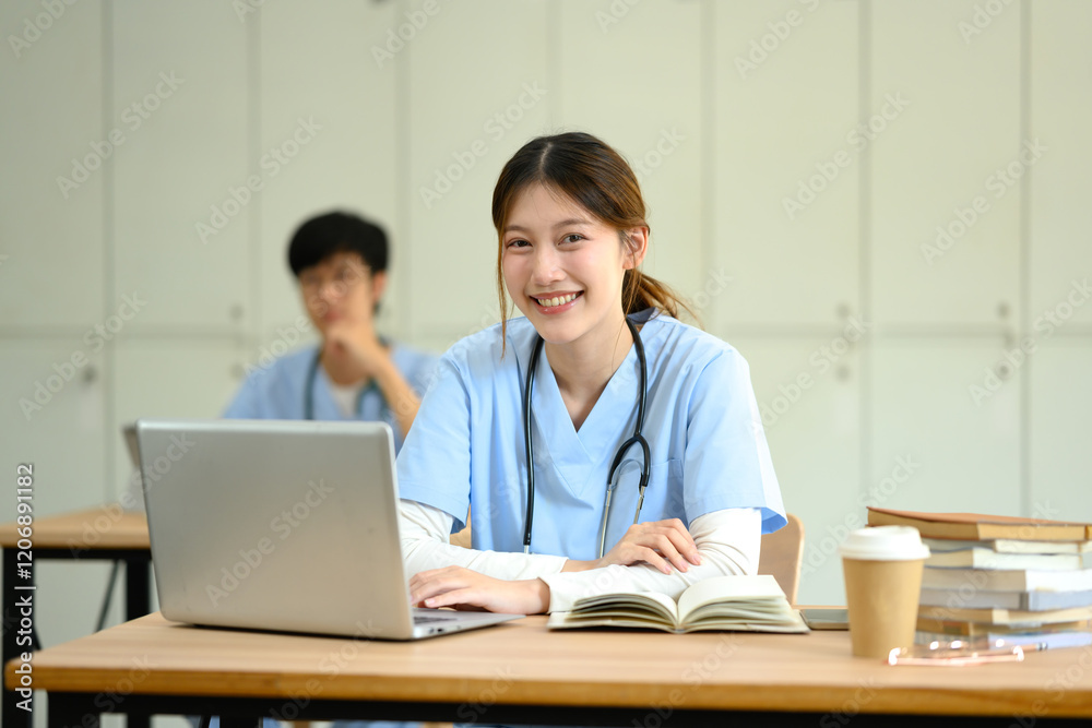 Smiling young female medical student wearing scrubs sitting at a desk with laptop and an open book Smiling young female medical student wearing scrubs sitting at a desk with laptop and an open book