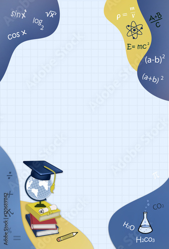 back to background education empty math graph notebook yellow- blue frame background template with school accessories .Free copy space in the center.