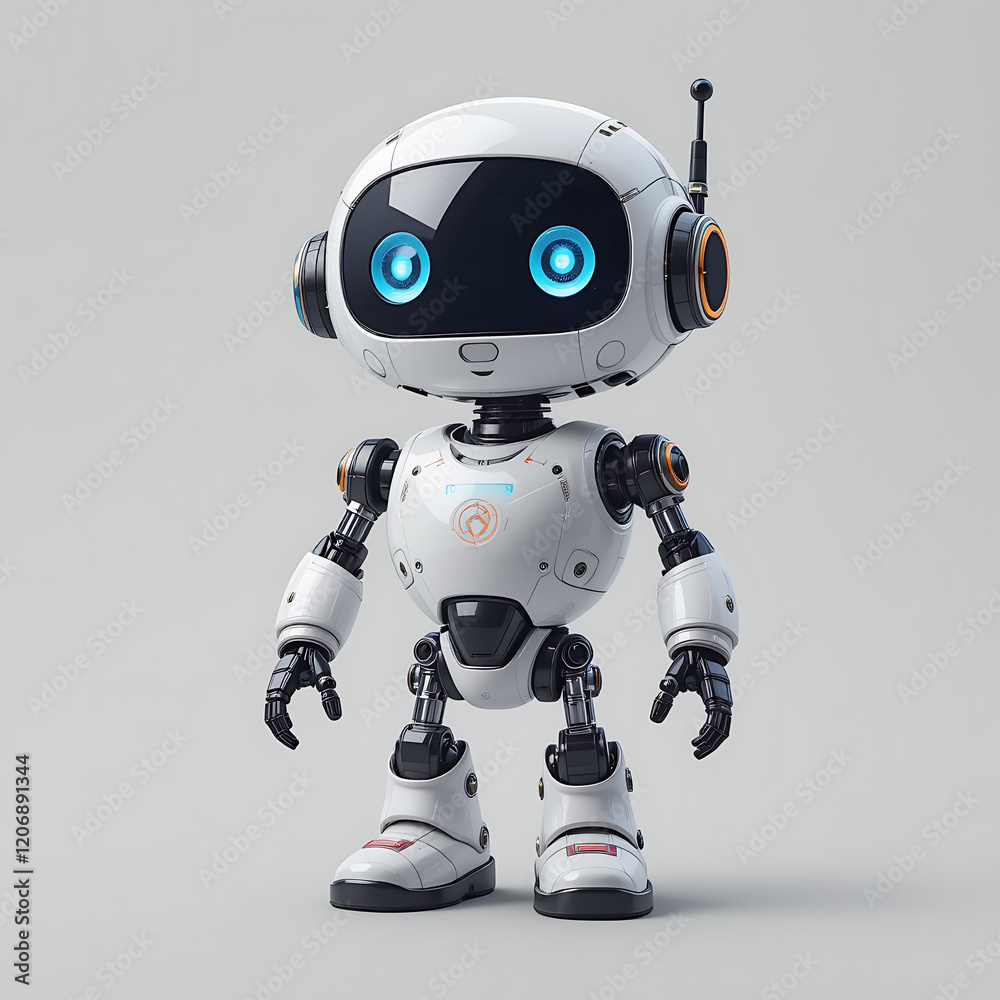 A white futuristic robot with glowing blue eyes and advanced features standing on a plain background. A white futuristic robot with glowing blue eyes and advanced features standing on a plain background.