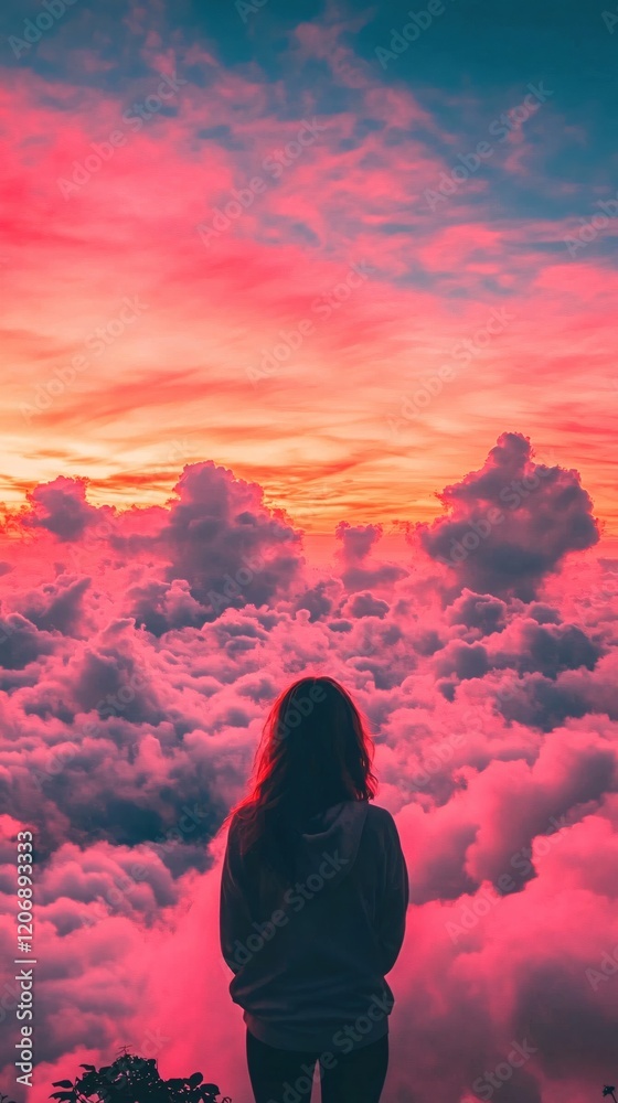 Woman Silhouetted Against Vibrant Pink Sunset Cloudscape Above Ocean of Clouds Dreamy Atmosphere Woman Silhouetted Against Vibrant Pink Sunset Cloudscape Above Ocean of Clouds Dreamy Atmosphere