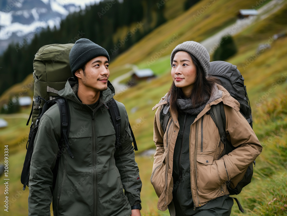 Fototapeta premium Adventurous Couple Hiking Through Scenic Mountain Landscape with Backpacks on a Summer Day