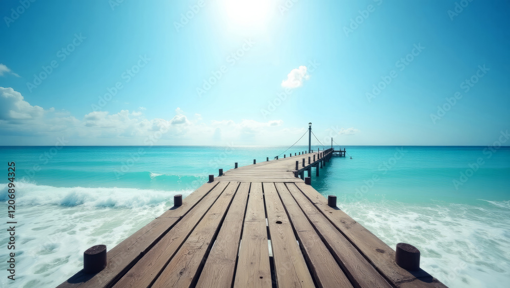 Obraz premium A wooden pier juts out into the sea on a clear summer day.