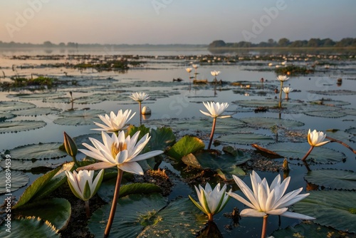 A stunning array of white lilies and lotuses blooms in the shallow waters of Tansa River Reservoir at dawn, creating a kaleidoscope of colors, reservoir, flower cluster, morning bloom photo