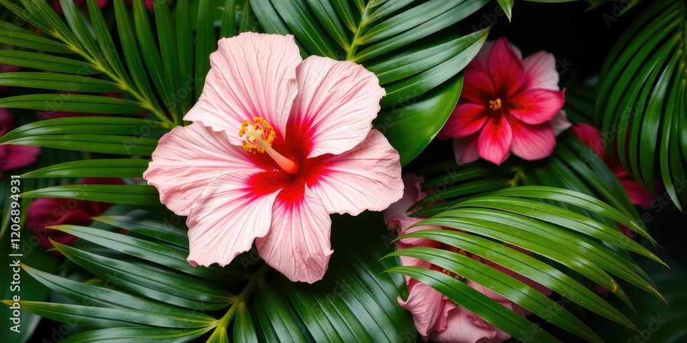 A stunning floral composition featuring a large hibiscus flower and a lush palm leaf, hibiscus, palm tree A stunning floral composition featuring a large hibiscus flower and a lush palm leaf, hibiscus, palm tree