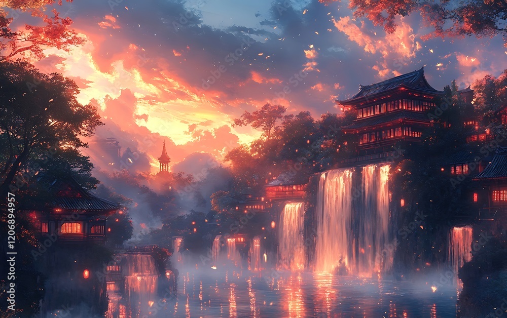 Sunset Pagoda Waterfall Scenic Fantasy Art