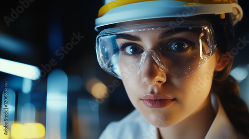 A detailed close-up shot of a woman in protective goggles and a helmet, emphasizing her focus and readiness for a task, ideal for safety-related advertisements or industrial settin photo