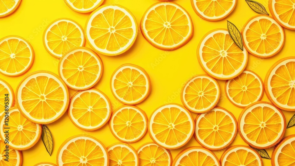 A stylized yellow lemon pattern is printed on a bright yellow background, creating a striking and eye-catching design that resembles citrus slices, design, graphics A stylized yellow lemon pattern is printed on a bright yellow background, creating a striking and eye-catching design that resembles citrus slices, design, graphics