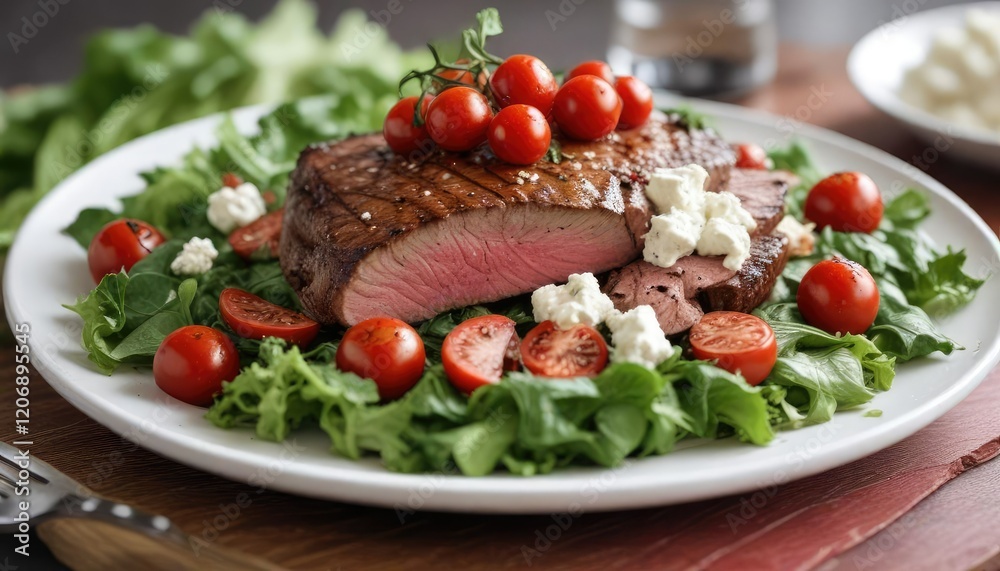 A thick cut of steak sliced thin and served on a bed of mixed greens with a creamy red sauce topped with sliced cherry tomatoes and crumbled feta cheese, appetizer, green, salad A thick cut of steak sliced thin and served on a bed of mixed greens with a creamy red sauce topped with sliced cherry tomatoes and crumbled feta cheese, appetizer, green, salad