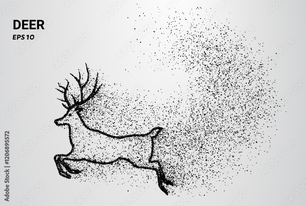 Fototapeta premium A deer composed of small circles and dots, with particles swirling around it. Vector illustration.
