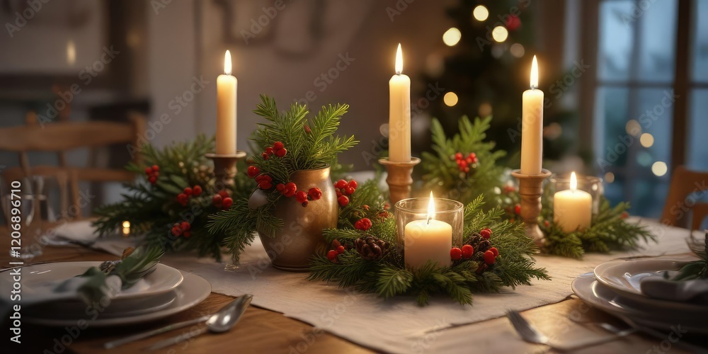 A warm and inviting Christmas dinner table with candles in glass votives placed among a few sprigs of fresh fir and some holly, winter wonderland theme , candles, seasonal centerpieces A warm and inviting Christmas dinner table with candles in glass votives placed among a few sprigs of fresh fir and some holly, winter wonderland theme , candles, seasonal centerpieces