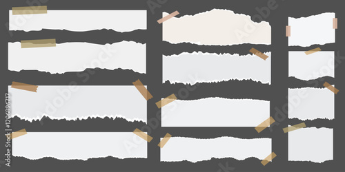 Collection of a big set of white torn paper sheets with isolated realistic shadow effect, collection of ripped paper strip element set. Clipart ripped paper set design. Retro texture background
