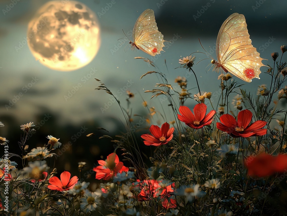 A serene fantasy meadow glowing softly under twin moons. Radiant wildflowers bloom in cascading waves of vibrant color, and golden butterflies with bioluminescent wings flutter gently above A serene fantasy meadow glowing softly under twin moons. Radiant wildflowers bloom in cascading waves of vibrant color, and golden butterflies with bioluminescent wings flutter gently above