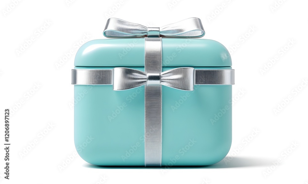 Teal gift box, silver ribbon, white background, present Teal gift box, silver ribbon, white background, present