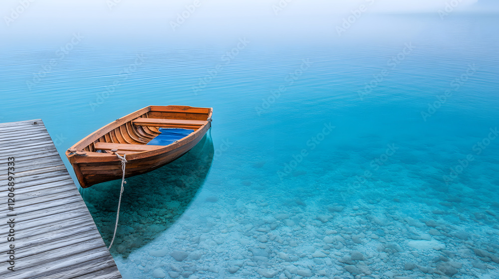 Naklejka premium A small wooden dinghy tethered to a floating dock, gently rocking on the soft ripples of the sea, surrounded by a tranquil morning mist 