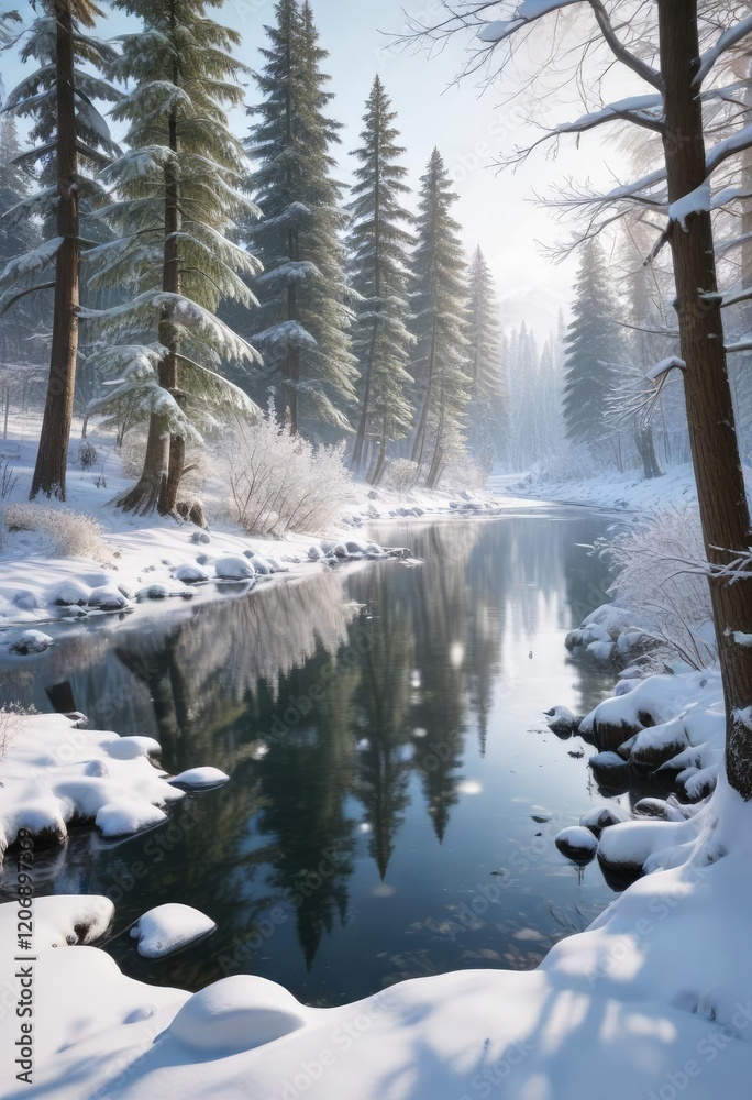 Obraz premium A winter wonderland scene of a snowy forest with snow-covered trees and a frozen lake, serene landscape, quiet solitude
