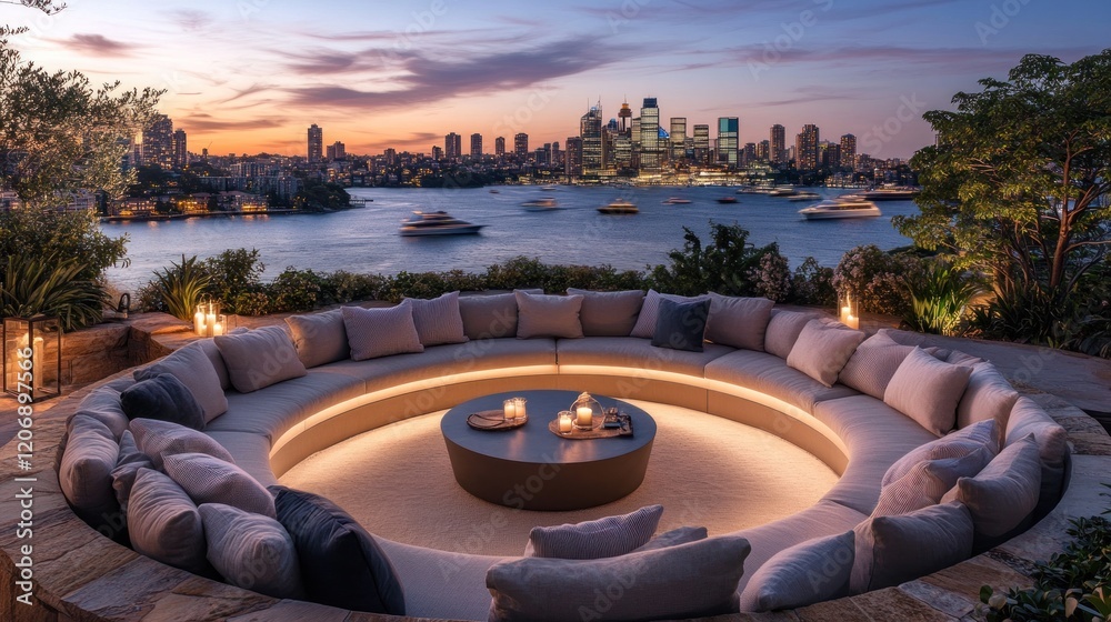Fototapeta premium Luxury Waterfront Sunset Lounge: Sydney Skyline